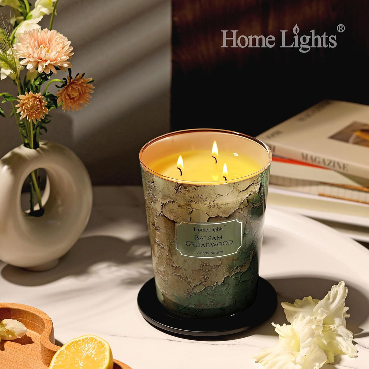 HomeLights Balsam Cedarwood Scented Candles | 34oz Soy Candles Industrial Chic 3-Wick Large Candle