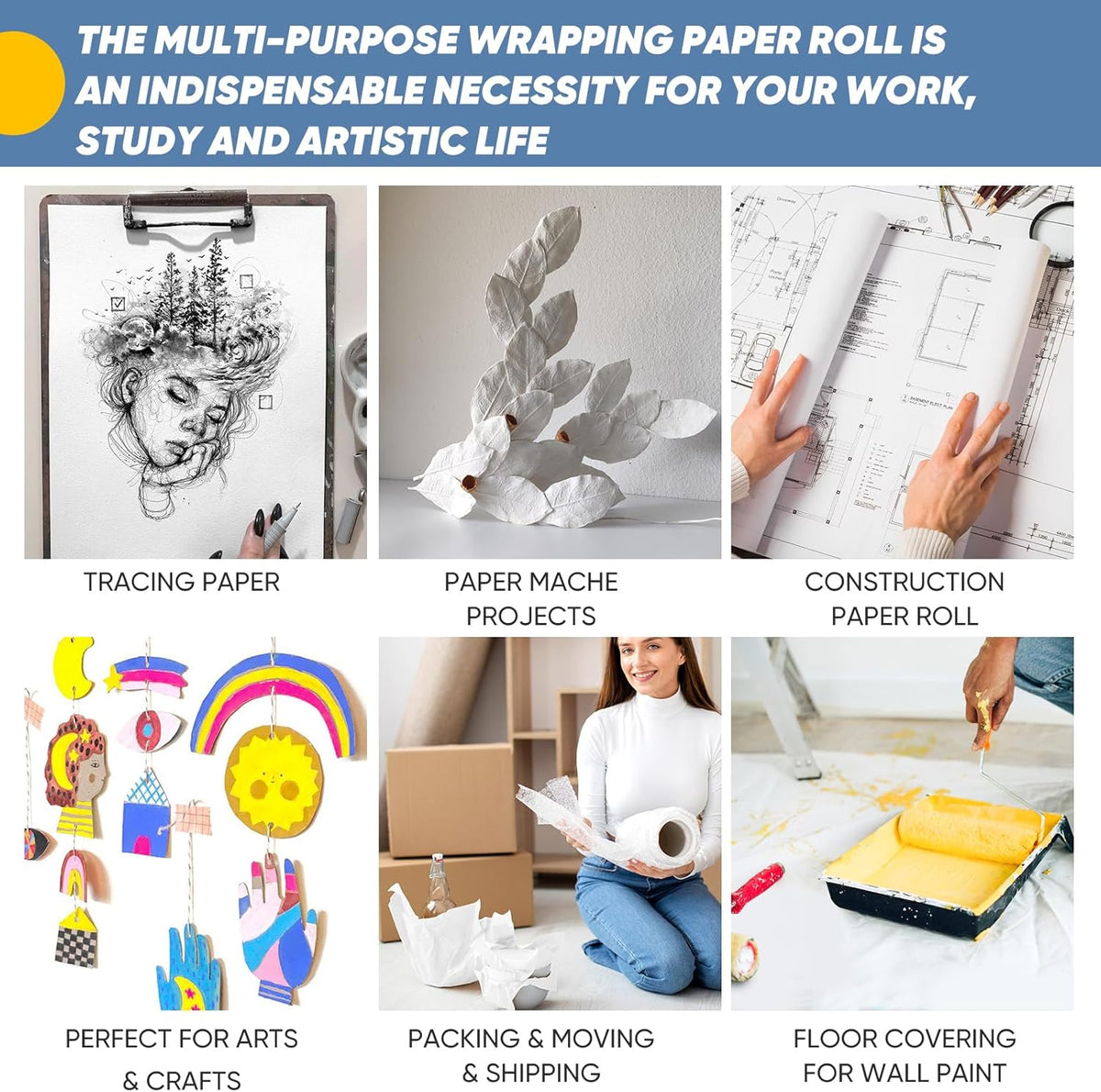 Drawing Paper Roll for Kids Art Supplies, 17.6"x1200" (100') Easel Craft Decorative Paper, White