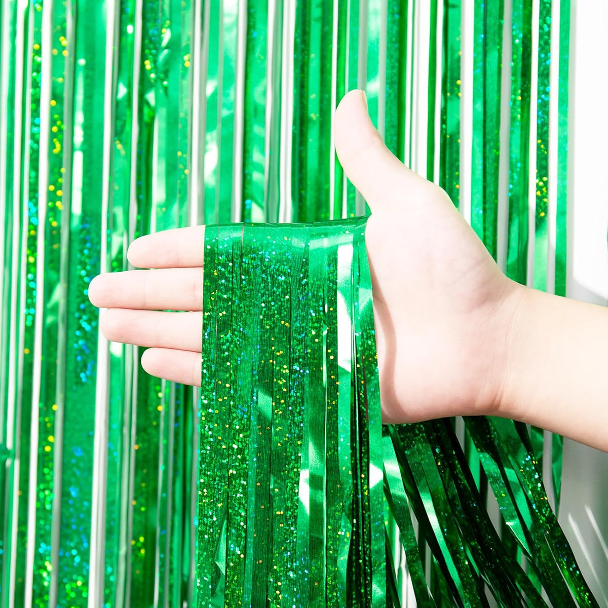 2 Pack Laser Green Tinsel Foil Fringe Curtains, Green Party Decorations, Metallic Tinsel Party