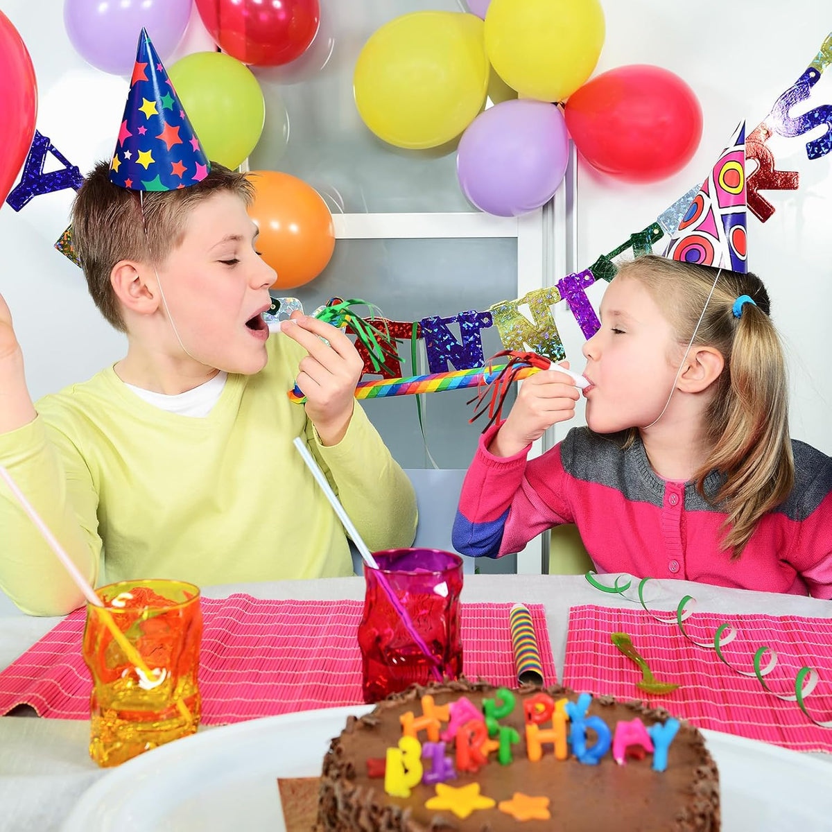 12pcs Glitter Fringed Party Blowers, Colorful Birthday Blow Horns Funny Noise Makers Party Favors