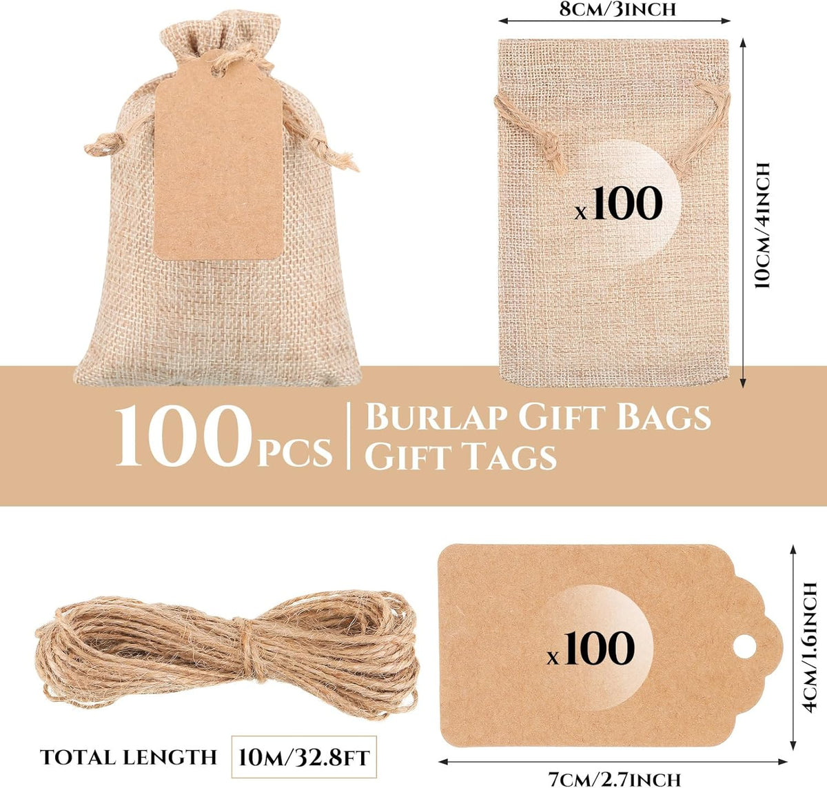Woanger 100 Pcs Burlap Gift Bags with 100 Pcs Kraft Paper Gift Tags Drawstring Favor Bulk Burlap