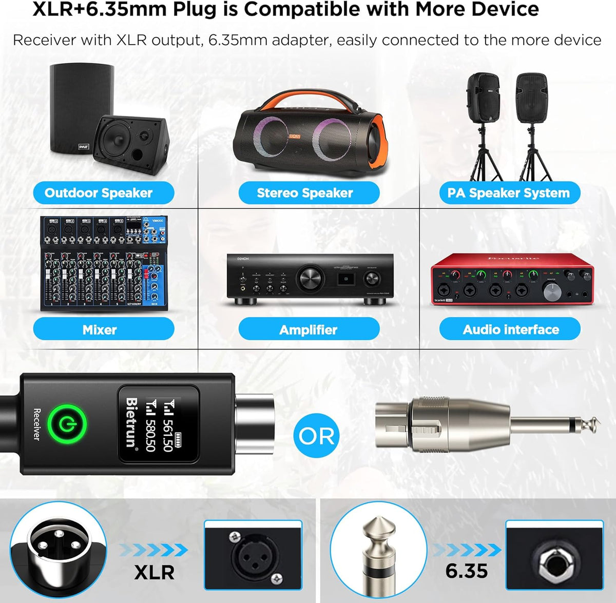 Bietrun XLR Wireless Microphone, UHF Dual Handheld Dynamic Metal Mic Set with Rechargeable