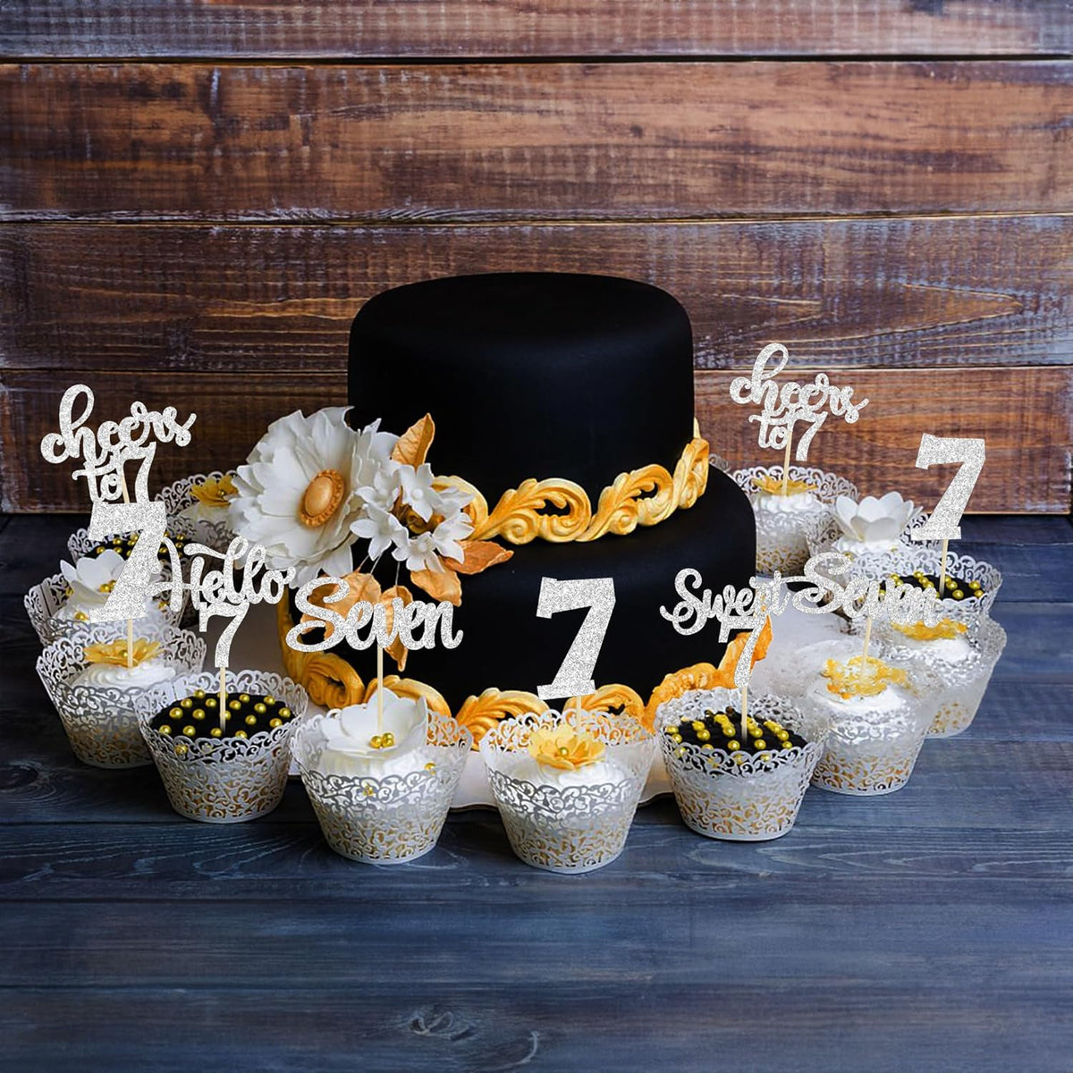 30Pcs 7th Birthday Cupcake Toppers Glitter Seven Happy 7 Cupcake Picks Cheers to 7 Years Old Cake