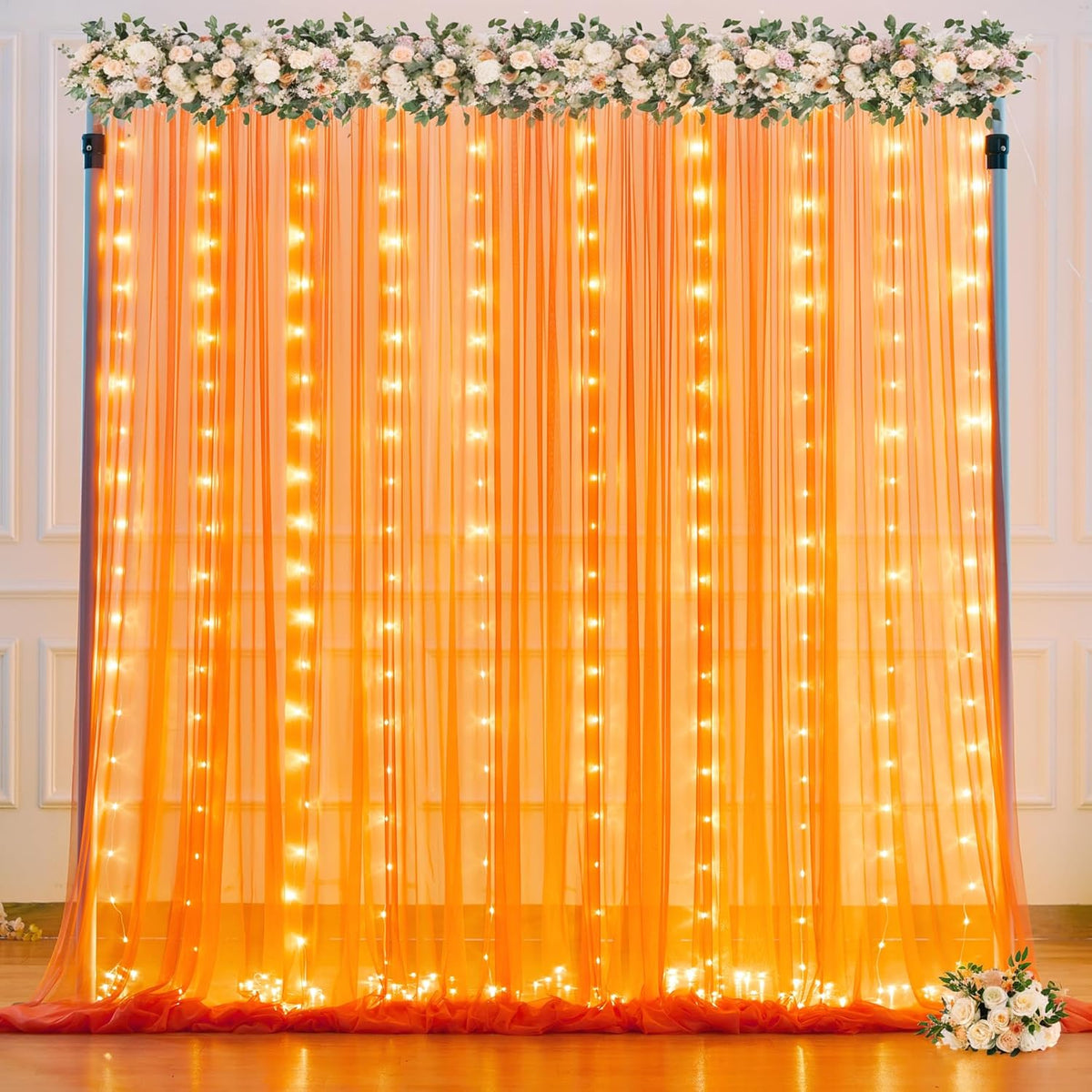 Orange Tulle Backdrop Curtain with Lights String for Parites 10x8ft Sheer Backdrop Curtains Drapes