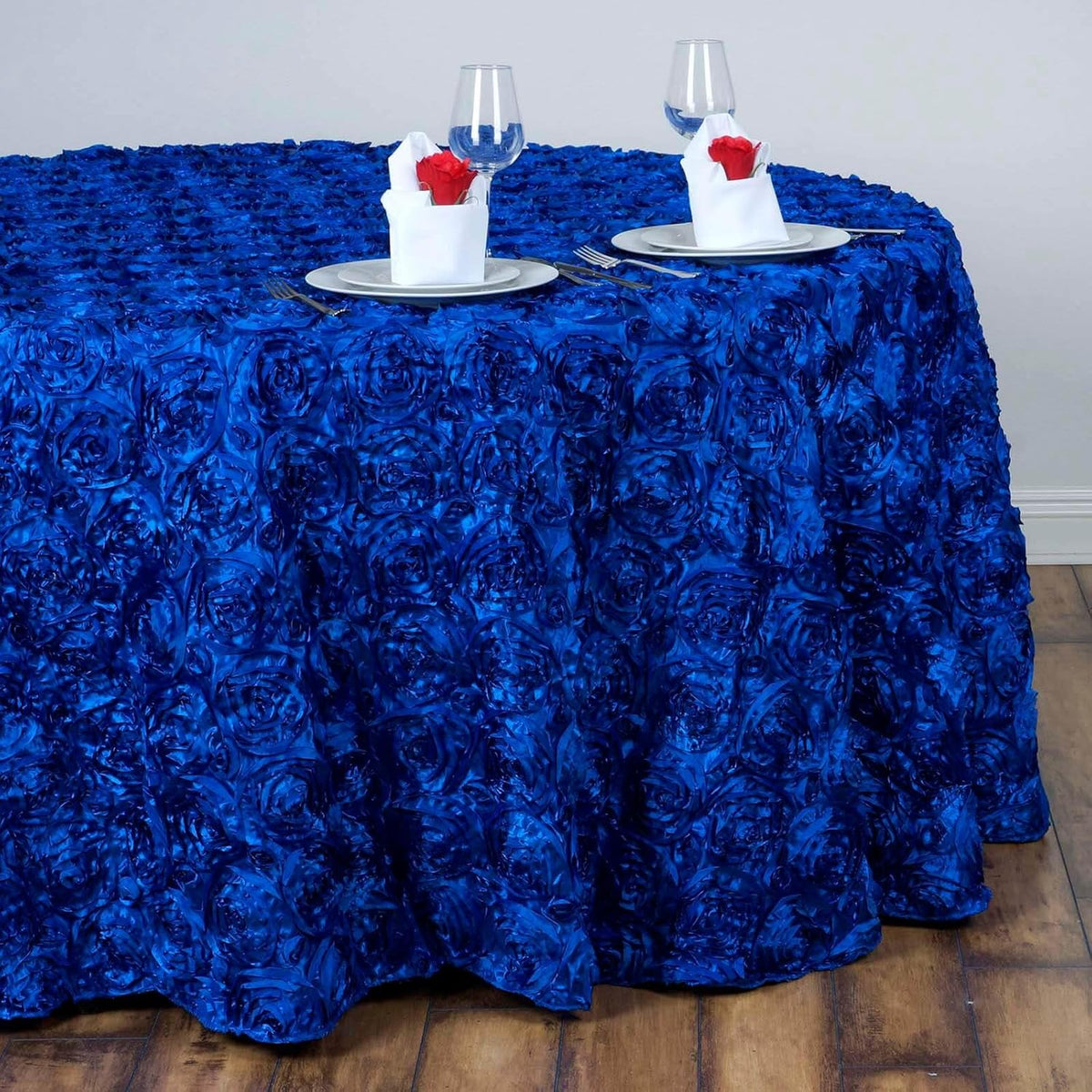 Efavormart 132" Wholesale Round Table Cover Royal Blue Grandiose Rosette 3D Satin Tablecloth for