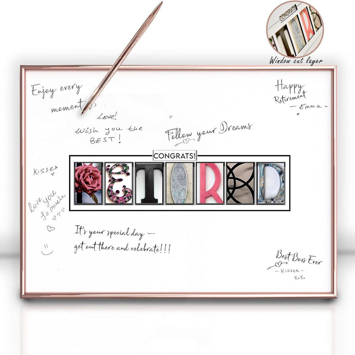Framed Retirement Decorations Guest Book for Womens 12"x16" Rose Gold Frame - Window Cut Design