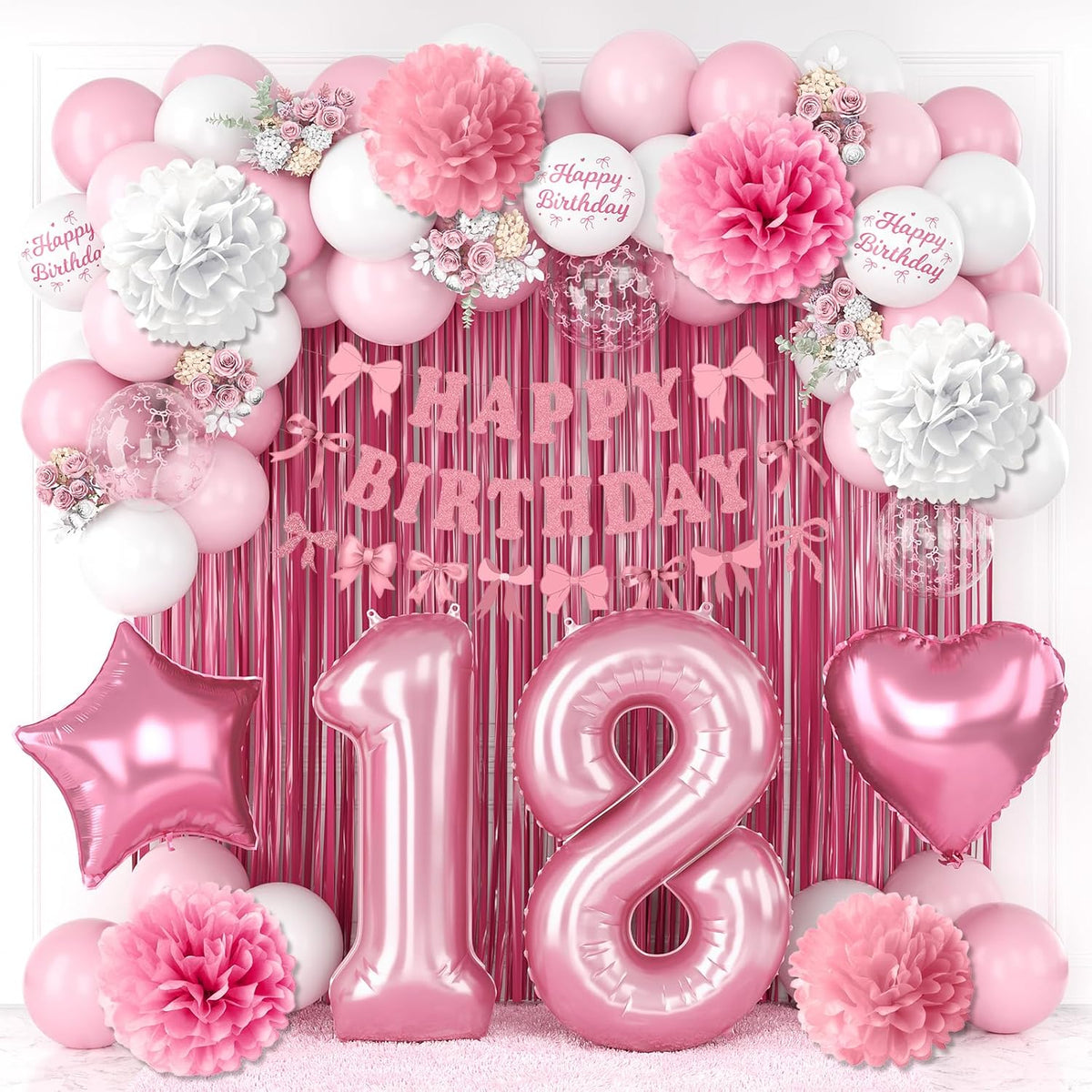 18th Birthday Decorations for Girls Pink Number 18 Balloon Bow Coquette Happy Birthday Banner