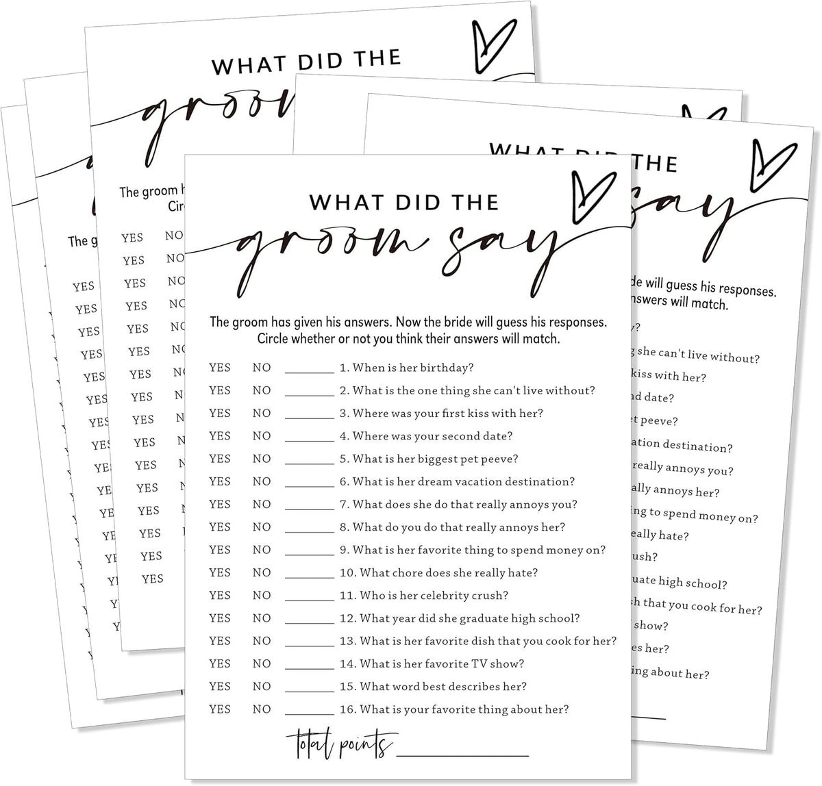 Fun Wedding Shower Games Cards, What Did the Groom Say, Bridal Shower Games for 25 Guests