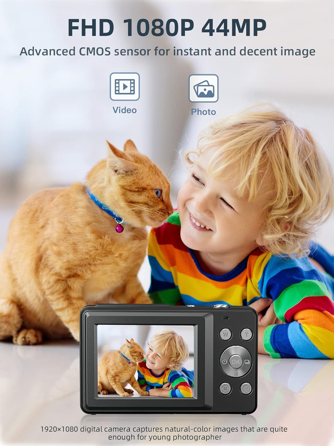 Small Digital 44MP Point and Shoot Compact Camera with 32GB SD Card, Two Batteries, Lanyard, FHD