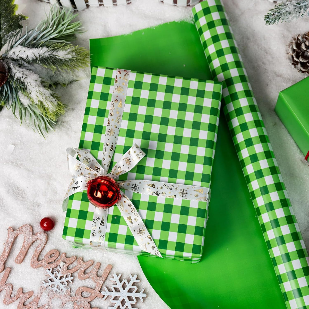 Burymento Green Checkerboard Wrapping Paper, Gift Wrap for Birthday, Valentines, Mothers day