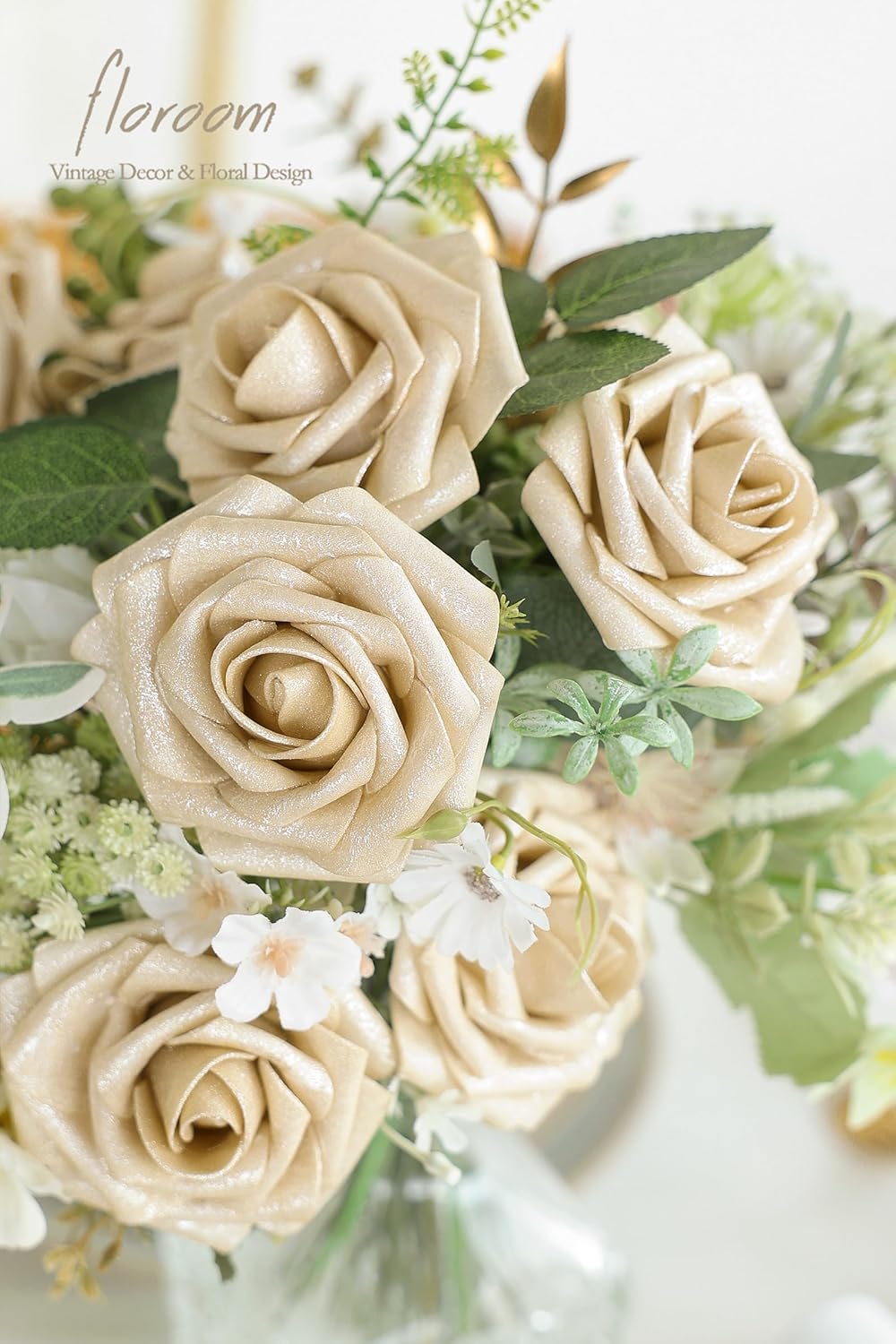 Floroom Artificial Flowers 25pcs Real Looking Champagne Gold Foam Fake Roses with Stems for DIY