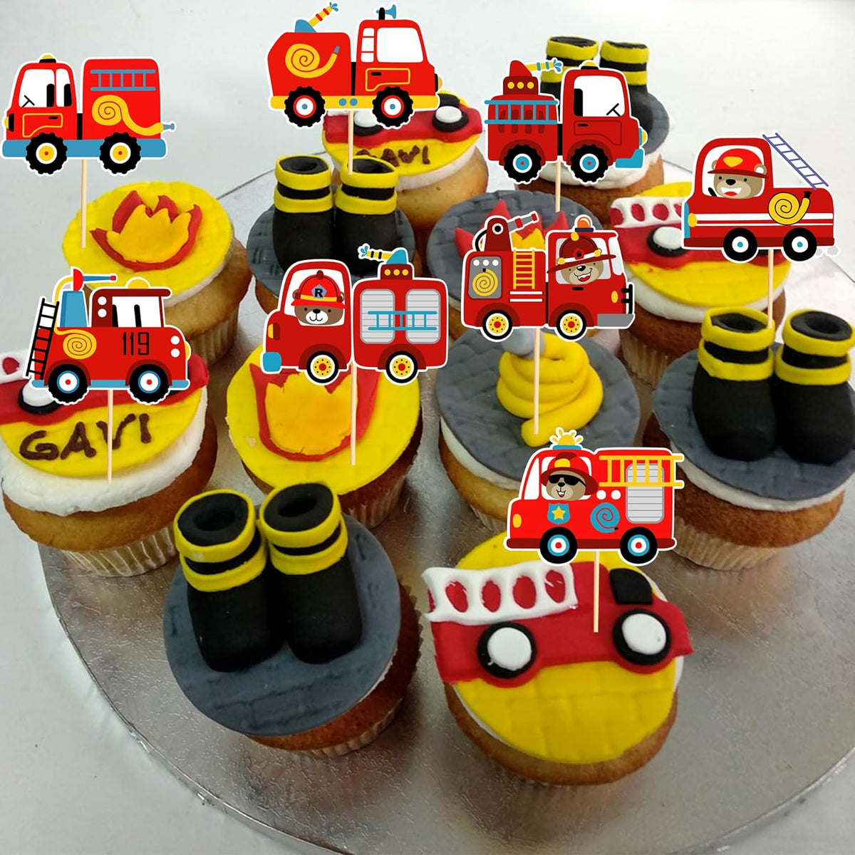24pcs Fire Truck Cupcake Toppers Bear Firefighter Fire Truck Birthday Decorations Fireman Birthday