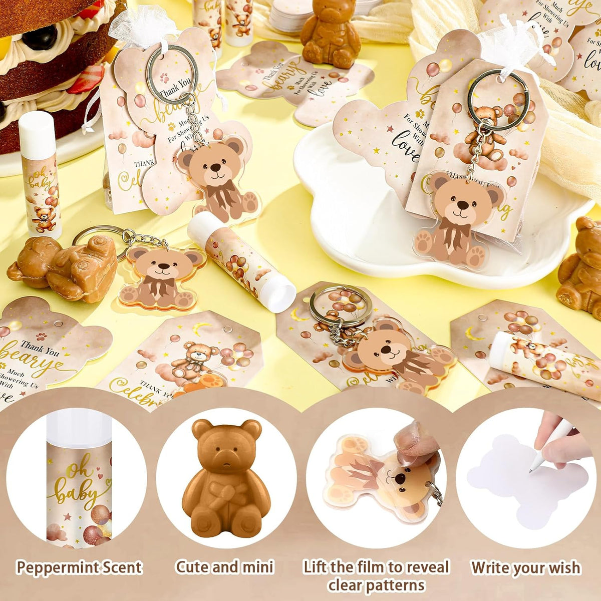 288 Baby Shower Favors: 48 Sets of Lip Balms, Soaps, Keychains, Organza Bags, Thank You Tags &