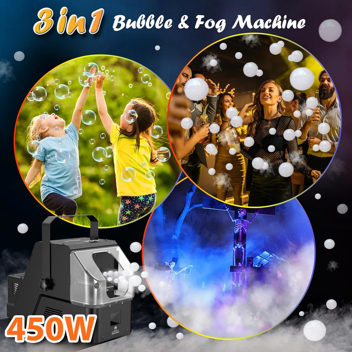 Smoke Machine, 3-in-1 Bubble Fog Machine, 450W Bubble Fogger with Remote Control, Make Colorful