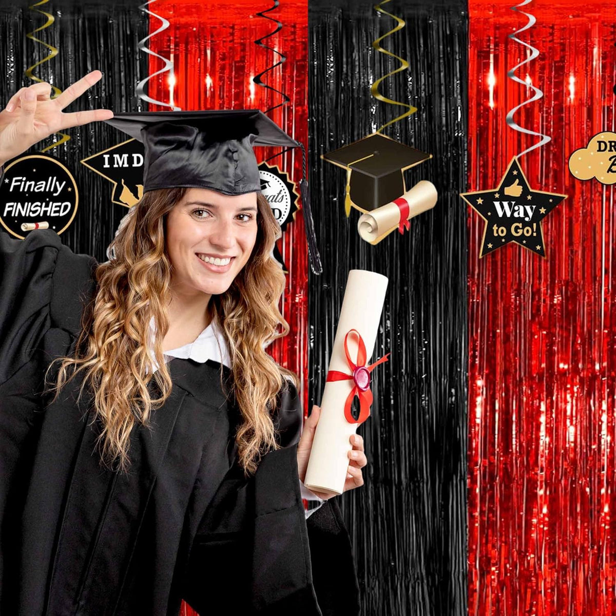 6 Pack Black and Red Foil Fringe Curtains Backdrop, 3.28 x 8.2 Ft Metallic Streamers Tinsel