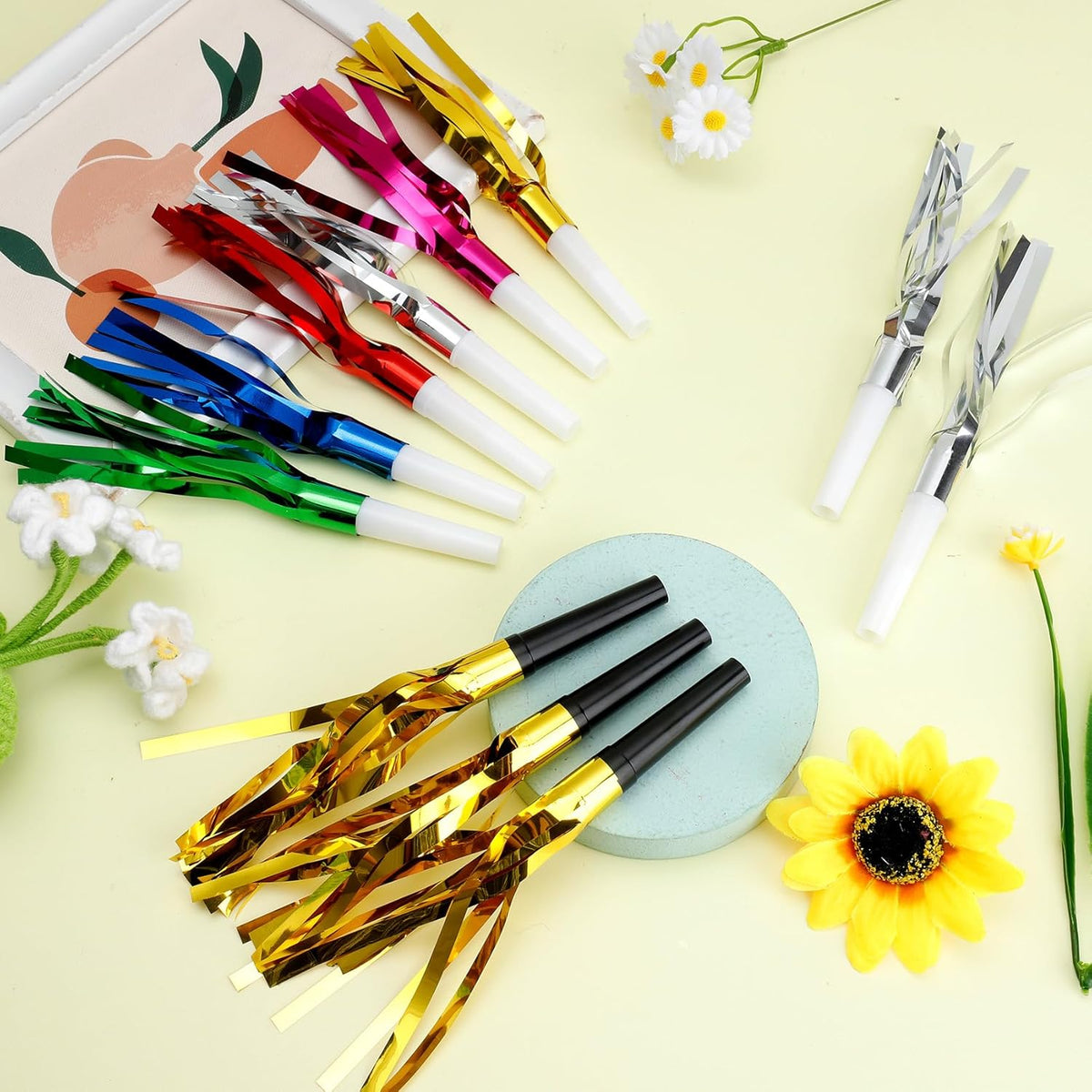 Party Blowers, 24 PCS New Years Noise Makers, Glitter Metallic Fringed Party Blowouts for Kids