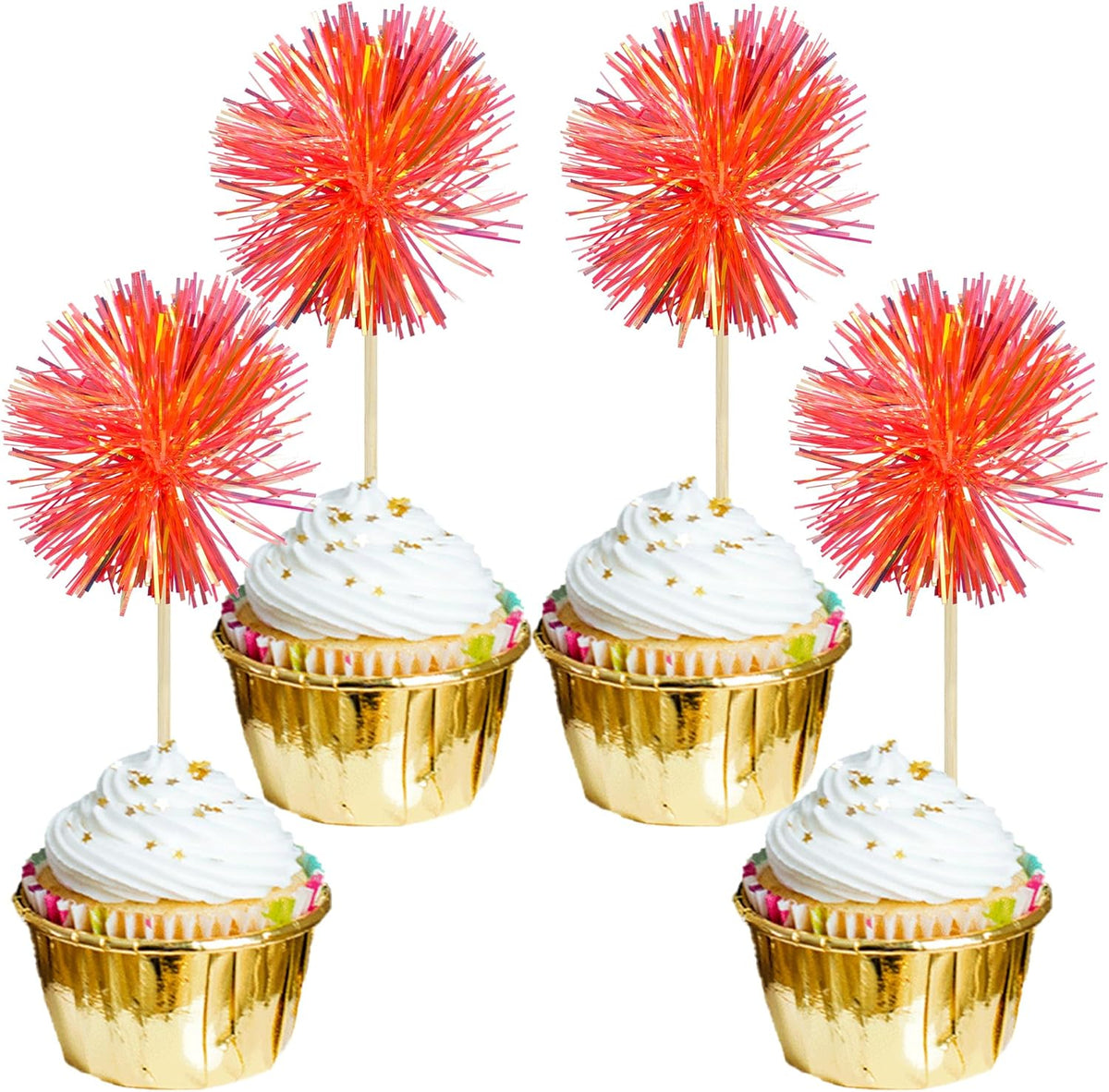Gyufise 30Pcs Foil Firework Cupcake Toppers Sparkle Tinsel Cake Toppers Tinsel Drink Cake