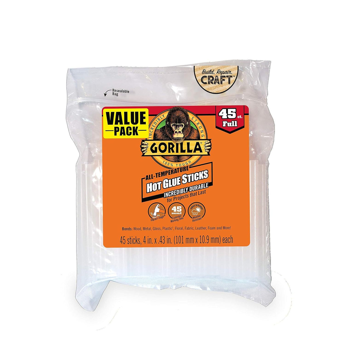 Gorilla Hot Glue Sticks, Clear Glue, Full Size 4" Long x 0.43" Diameter, 45 Count (Pack of 1)