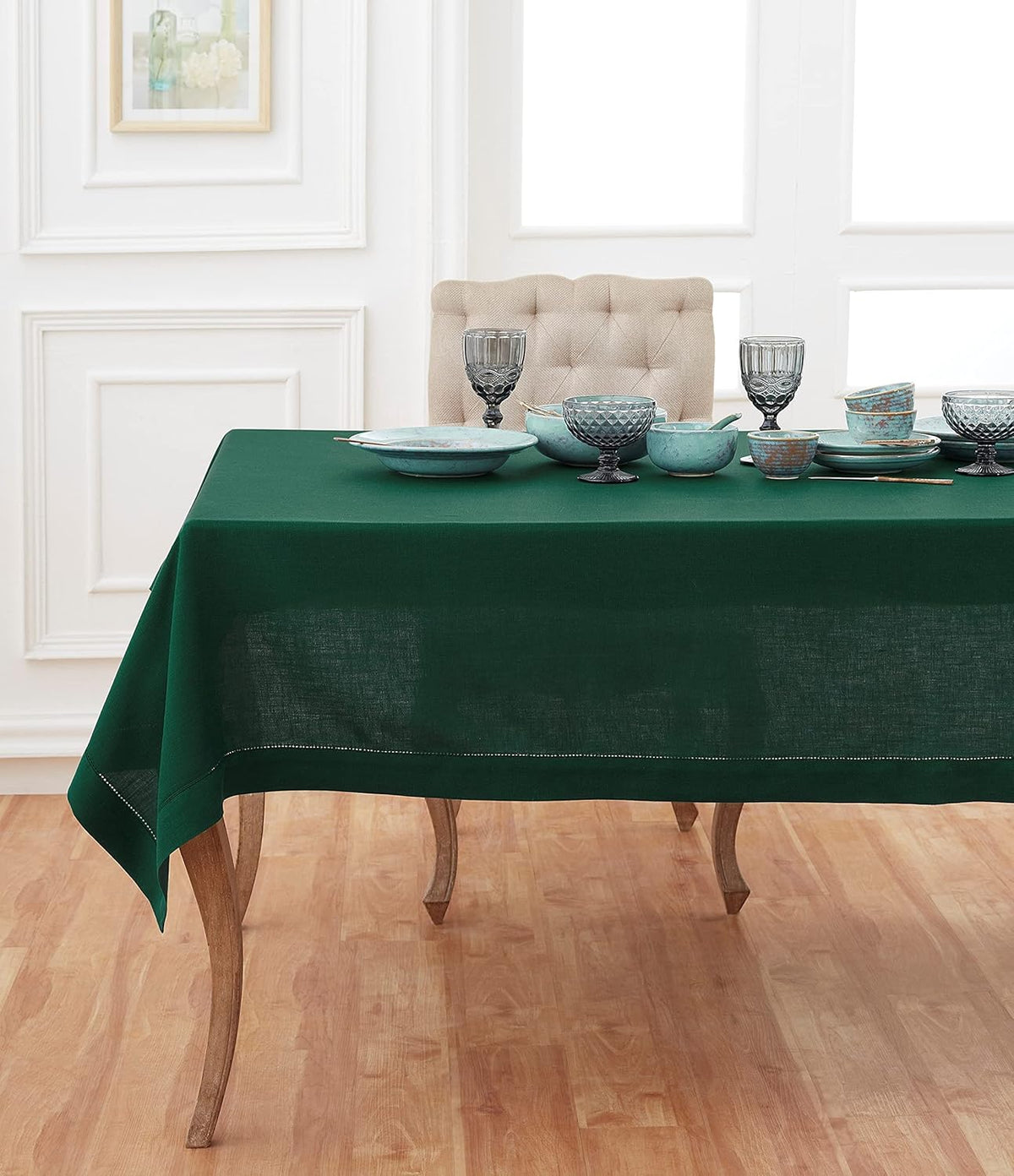Solino Home Rainforest Green Linen Tablecloth 52 x 52 Inch - 100% Pure Linen Square Table Throw