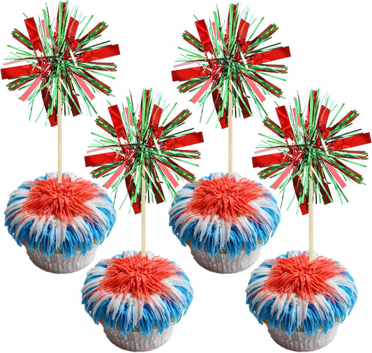 Gyufise 20Pcs Foil Firework Cupcake Toppers Happy Birthday Cake Toppers Tinsel Flower Drink