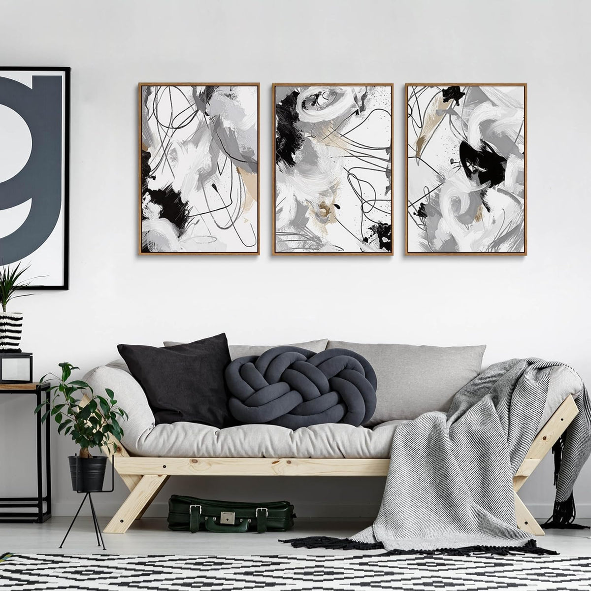 myusuar 3 Piece Large Modern Abstract Canvas Framed Wall Art For Living Room, Black And White Lines