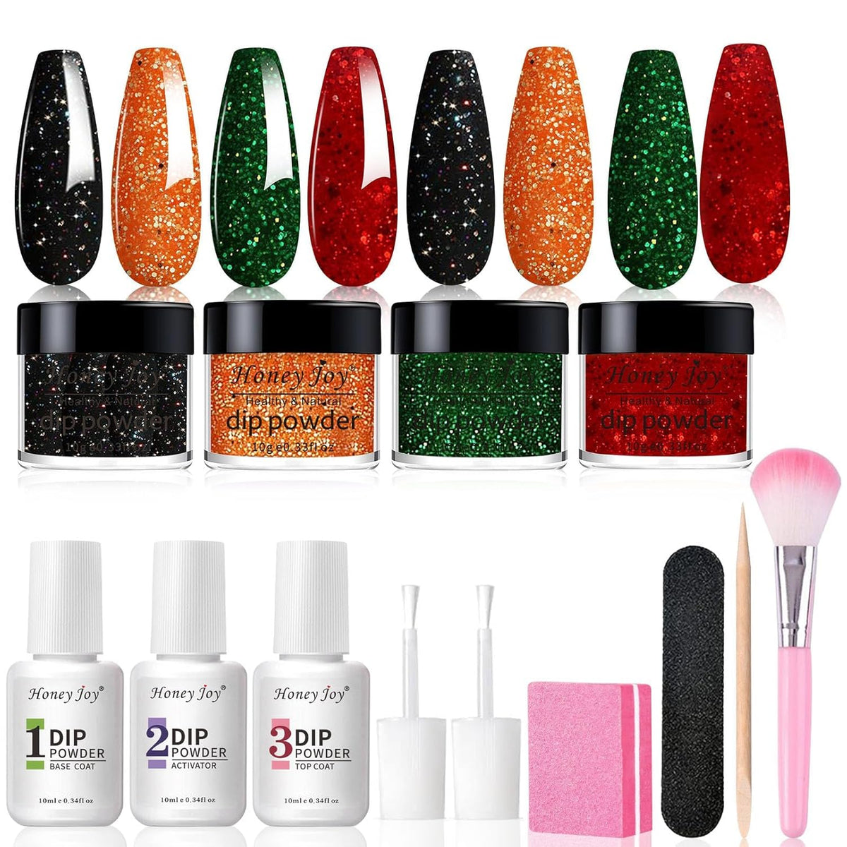 Honey Joy Dip Powder Nail Kit Starter, 4 Colors Halloween Christmas Green Red Black Orange Glitter