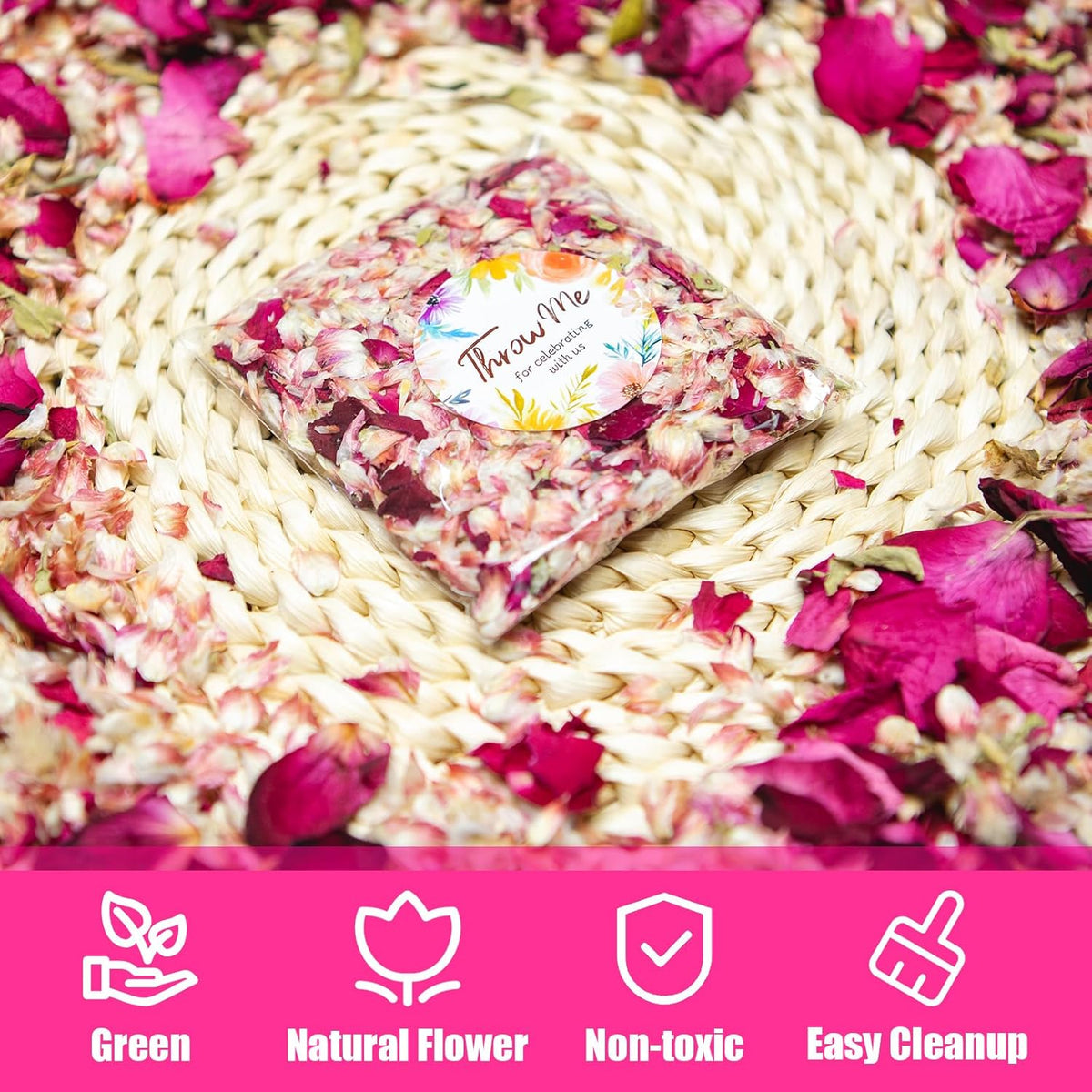 50 Pack Real Dried Rose Flower Petals Biodegradable Confetti, Dried Mix Red Rose Begonia Pink