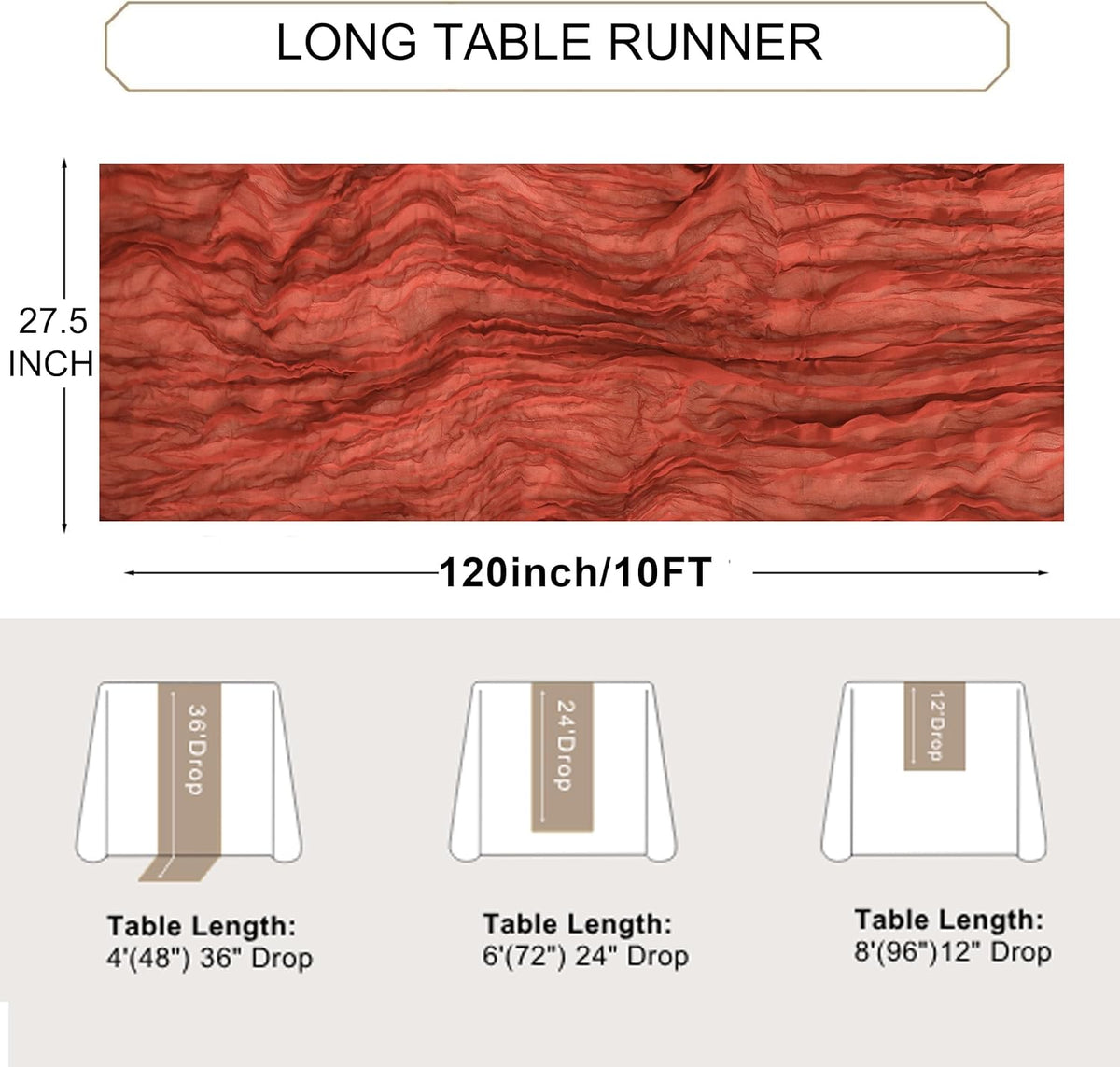 Snowkingdom 10 Ft Fall Table Runner Terracotta Cheesecloth, 120 inch Long Rust Burnt Orange Cheese