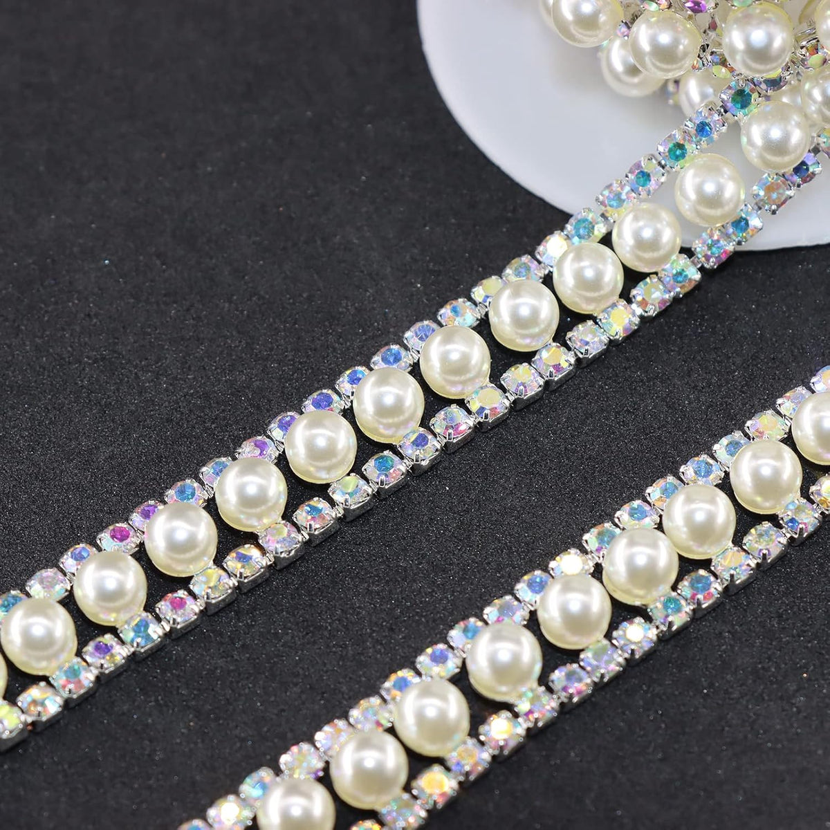 Jerler Rhinestone Trim Applique 1 Yard 2 Rows Crystal Chain Banding Diamond Inlaid White Pearl
