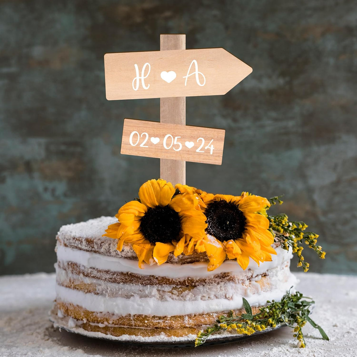 Personalized Rustic Wedding Cake Topper in Wood Custom Bride & Groom Names Initials Wedding Date