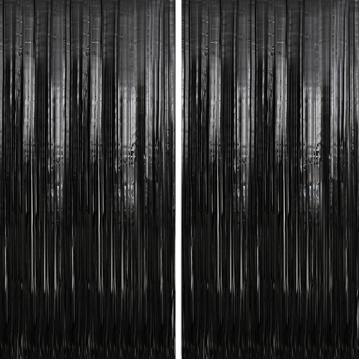 Crosize 2 Pack 3.3 x 9.9 ft Black Foil Fringe Backdrop Curtain, Streamer Backdrop Curtains