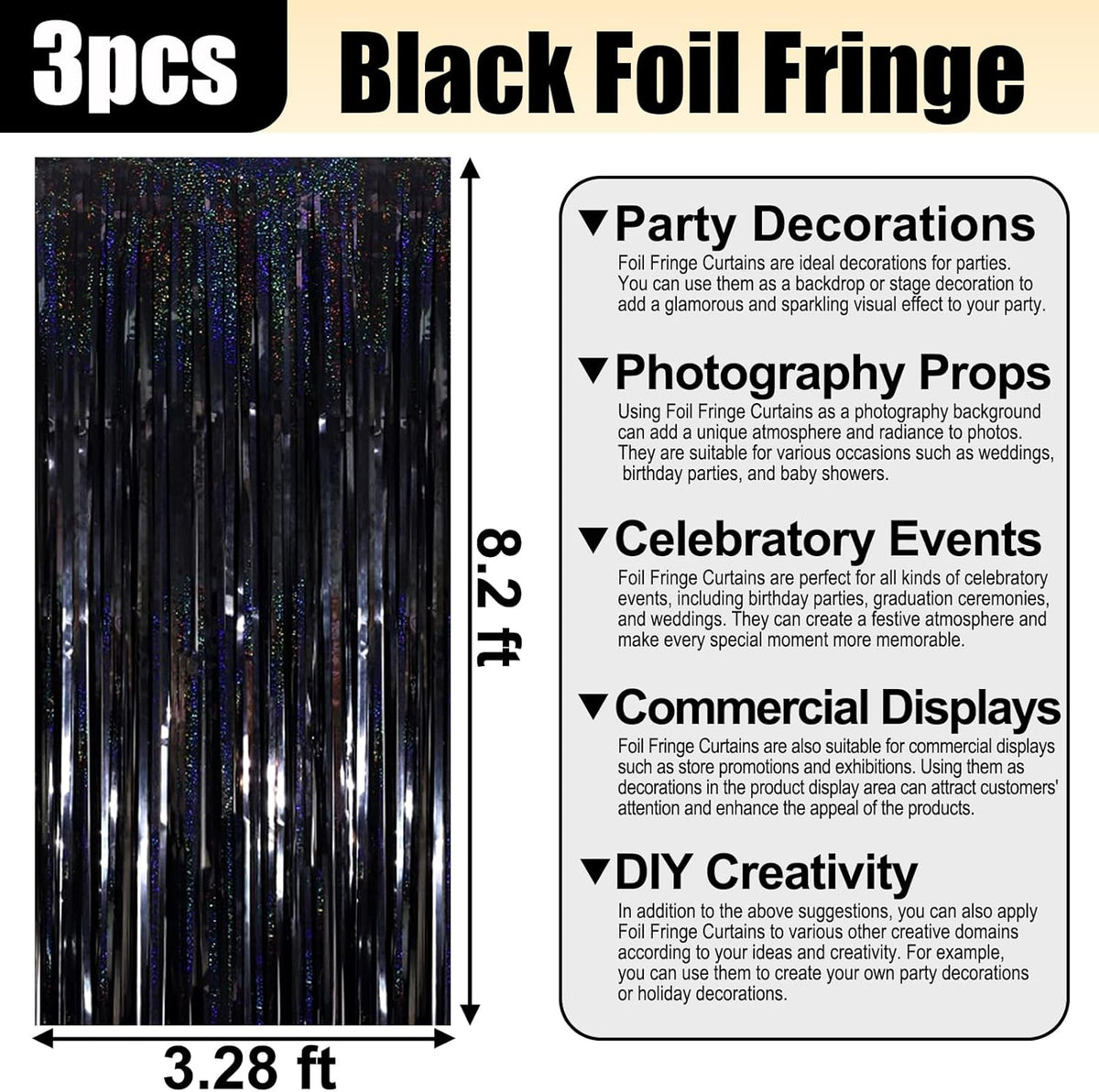 3 Pack Black Foil Fringe Curtain Backdrop, 3.28Ft x 8.2Ft Metallic Tinsel Foil Fringe Streamer