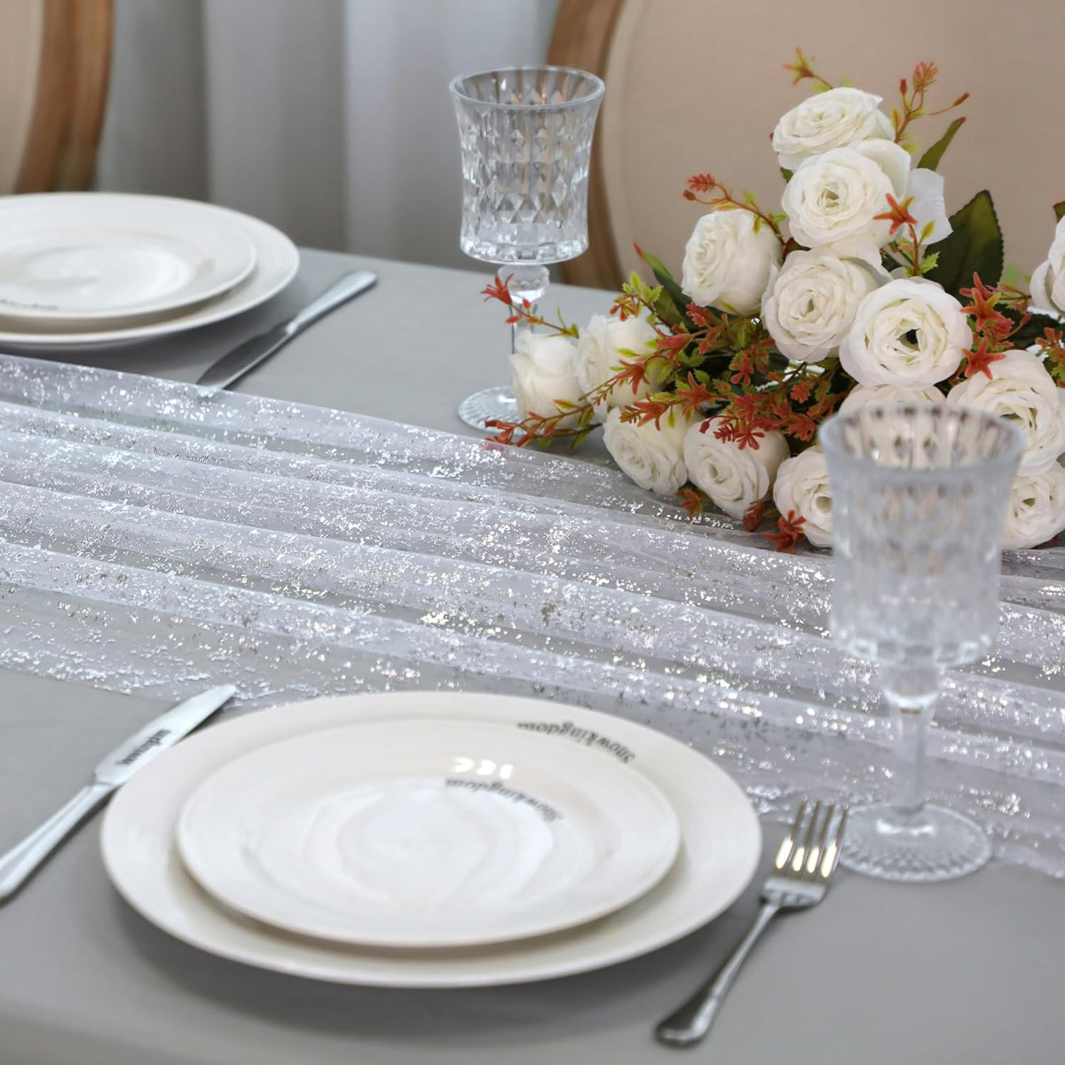 Snowkingdom 3 Pcs 10 FT Silver Cheesecloth Table Runner, 120 Inch Sheer Chiffon Gauze Runner