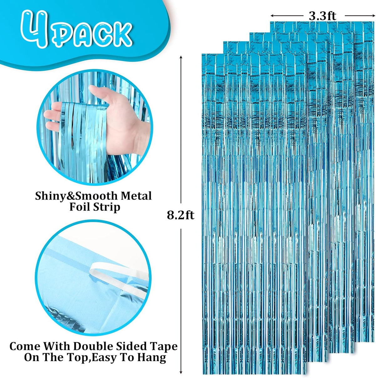 4 Pack 3.3x8.2 Feet Light Blue Foil Fringe Backdrop Curtains, Tinsel Streamers Birthday Party