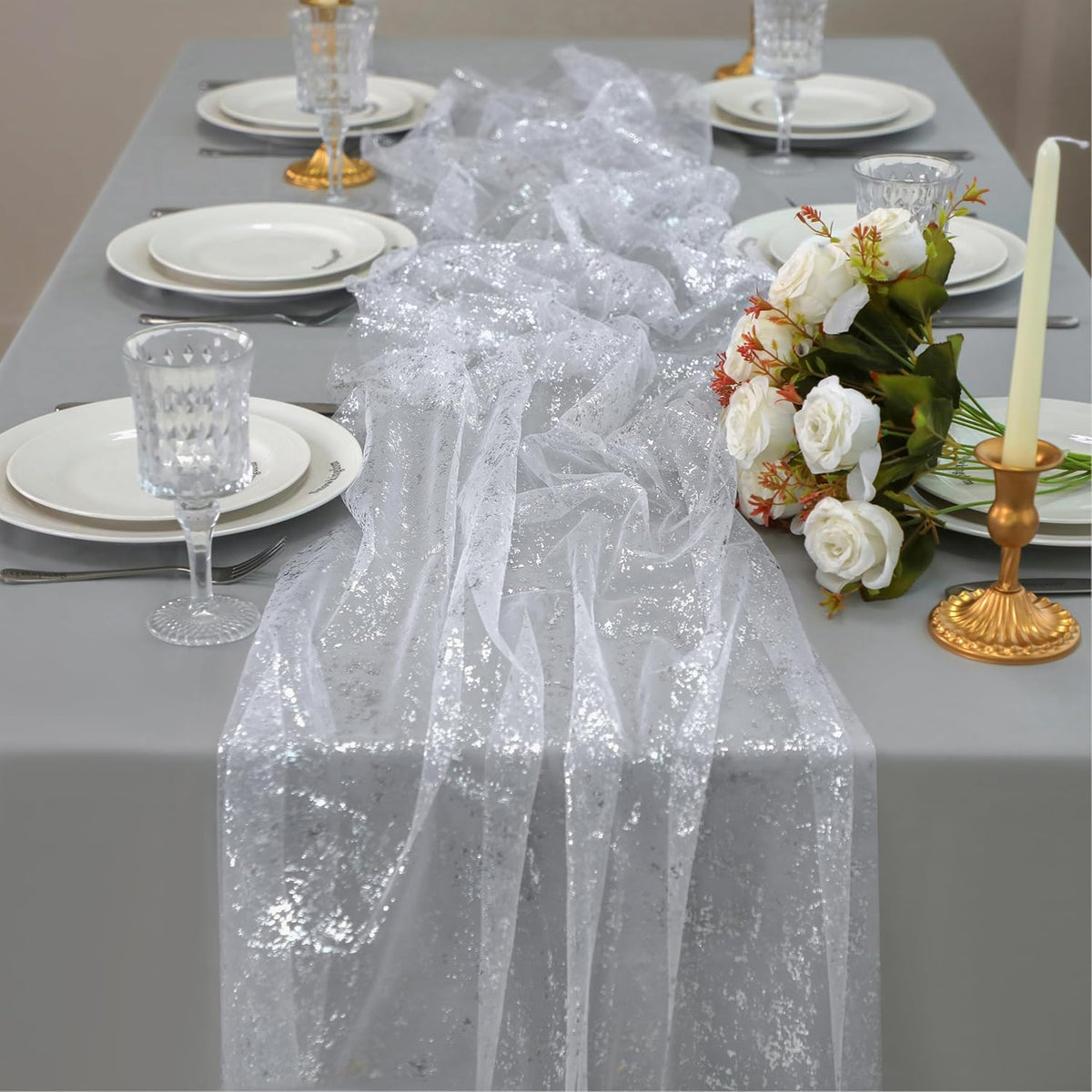 Snowkingdom 10 Pcs 10 FT Silver Table Runners, Sheer Chiffon Gauze Cheesecloth Runner, Sequin