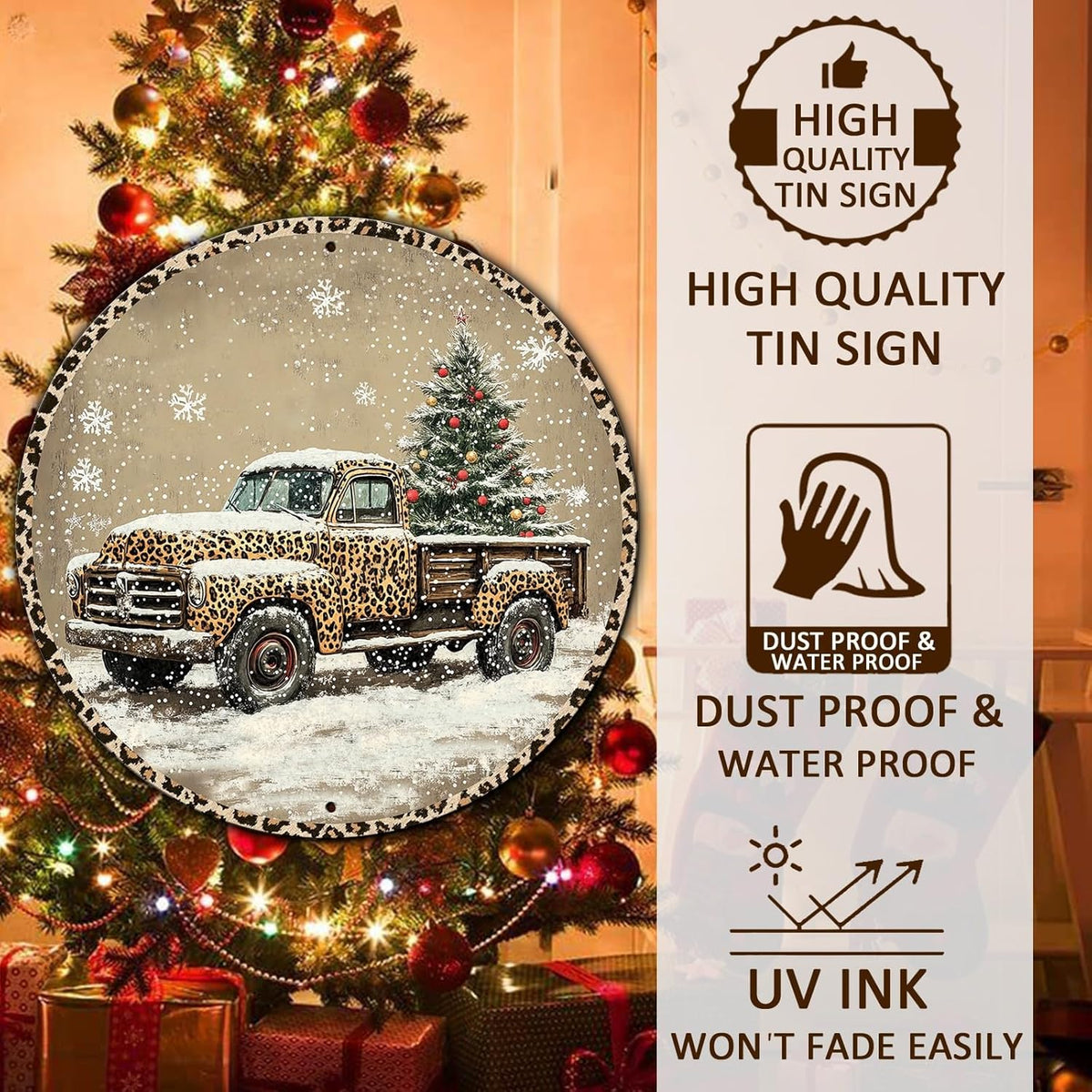 Round Leopard Truck Metal Tin Sign Rustic Wall Decor Christmas Wreath Sign Christmas Wreath Door