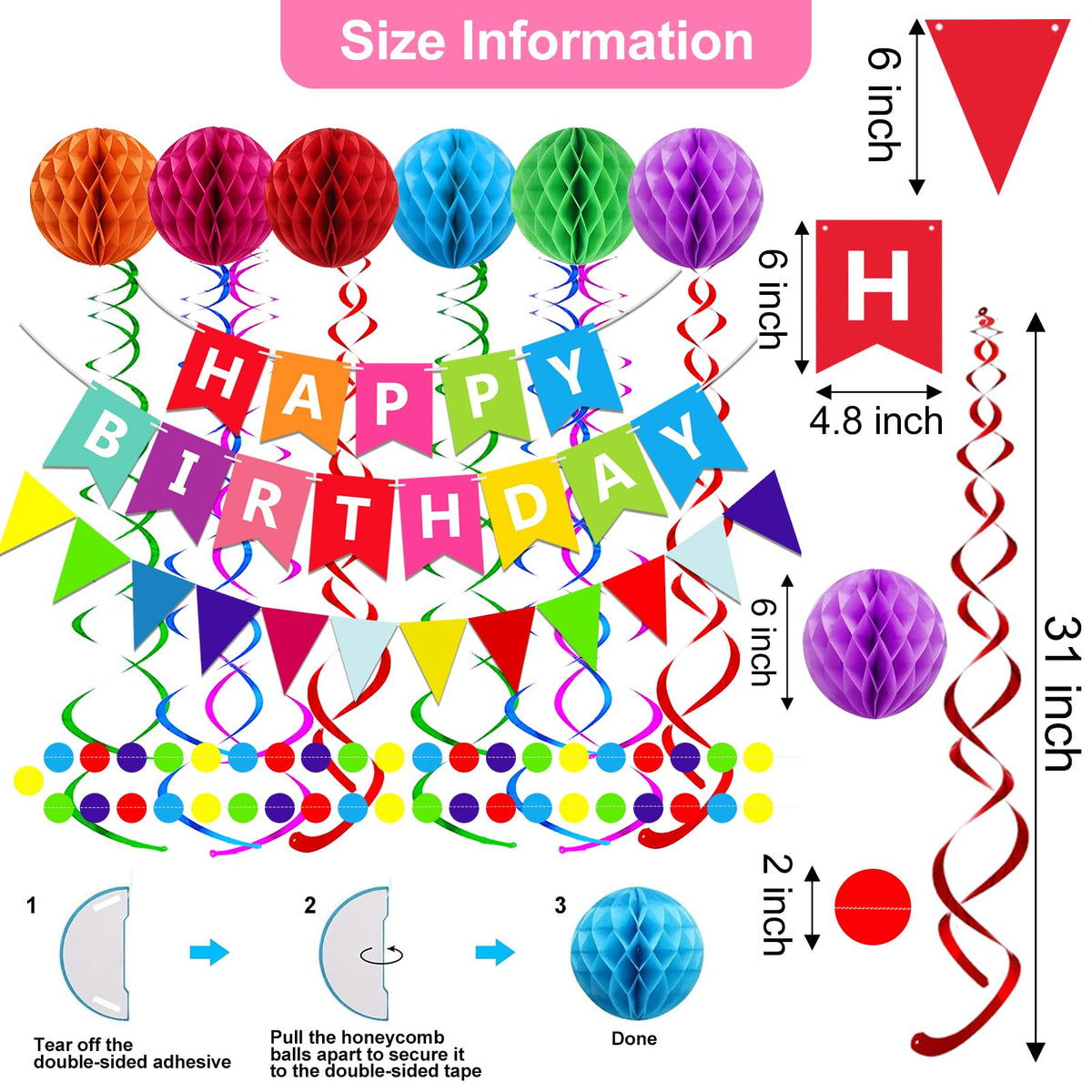 Fecedy Happy Birthday Banner With Colorful Paper Flag Bunting Paper Circle Confetti Garland Swirl