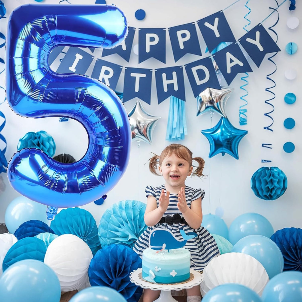 Navy Blue Balloon Number 5, 40 Inch Large Self Inflating Foil Mylar Number Balloons 0-9 for Boys