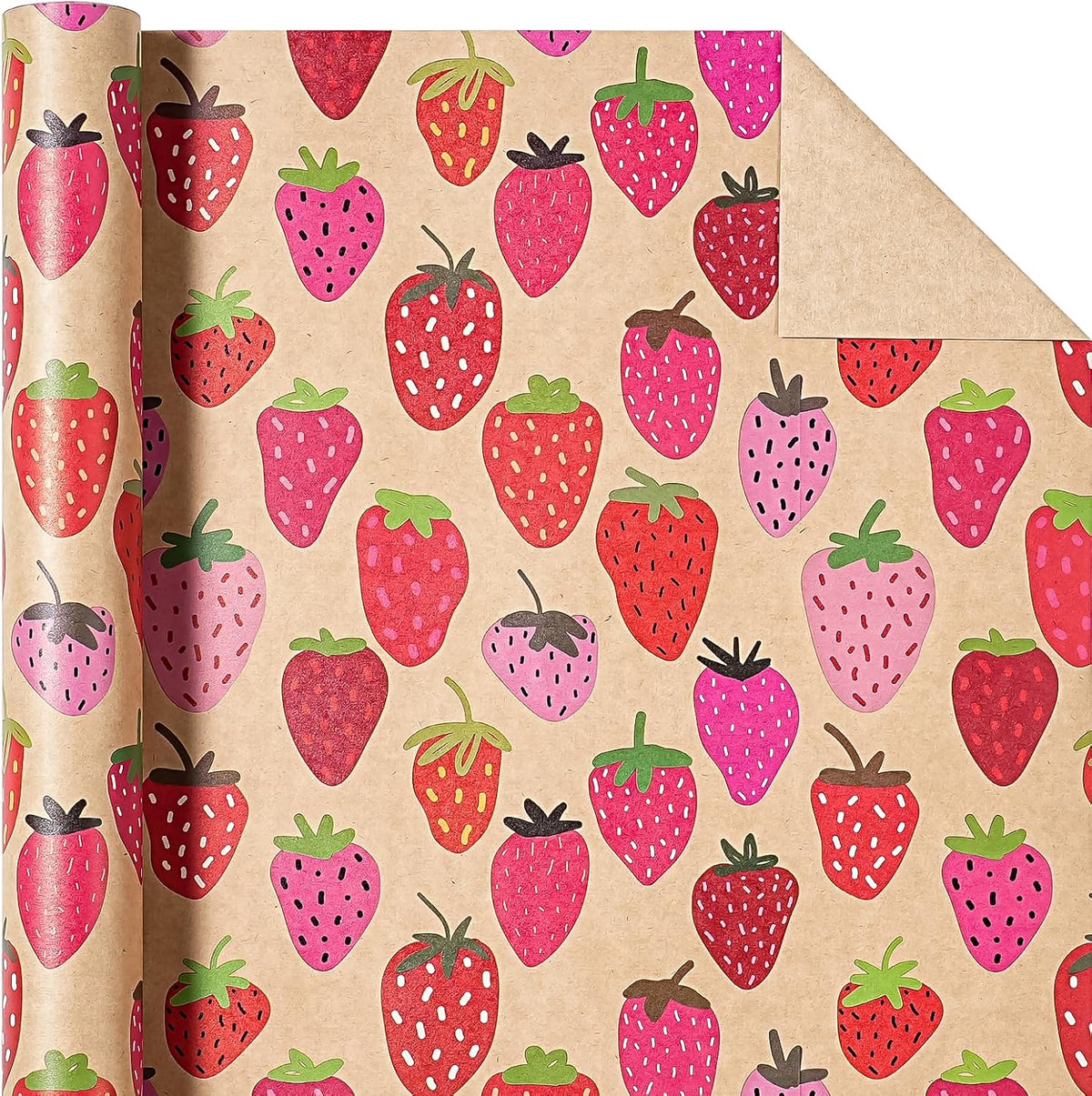 WRAPAHOLIC Kraft Strawberry Wrapping Paper Roll - Mini Roll - 17 Inch x 16.5 Feet - Sweet