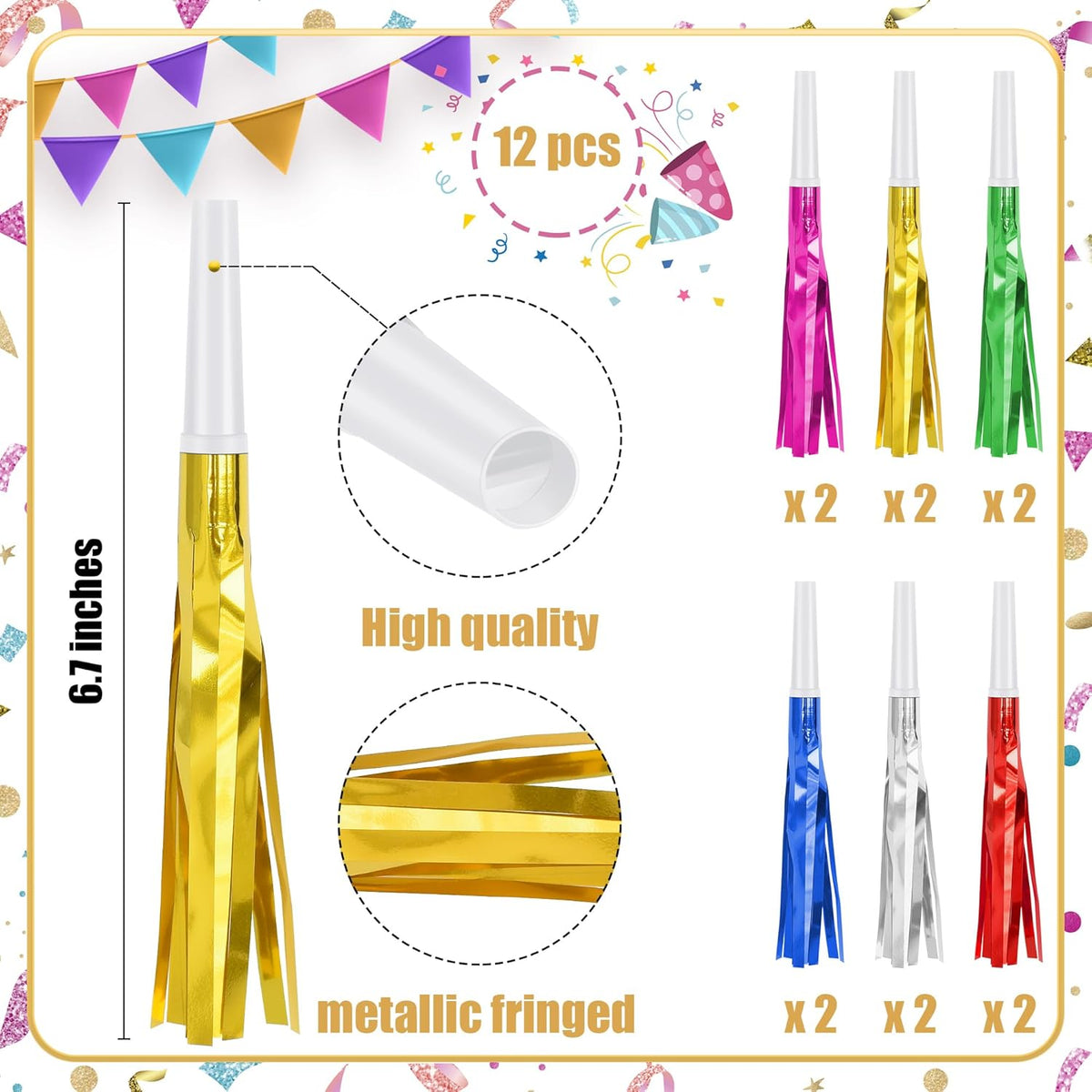12 Pcs Glitter Noise Makers Metallic Fringed Party Blower for Adults Birthday Graduation New Years
