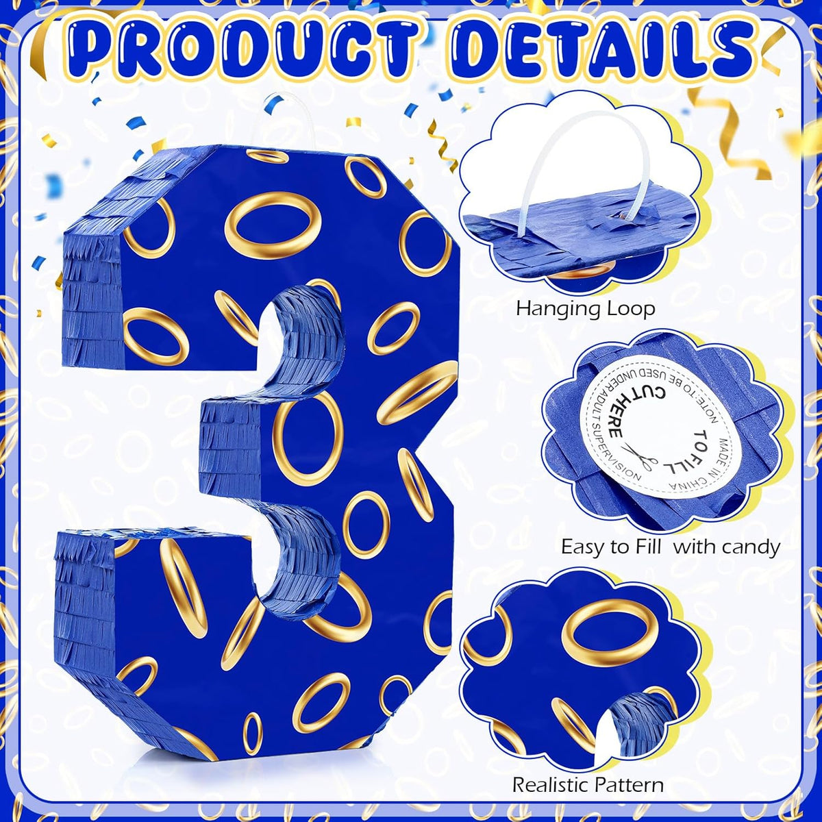 Number 3 Blue and Golden Rings Piñata for Kids Birthday Cartoon Theme Small Piñata with Blindfold
