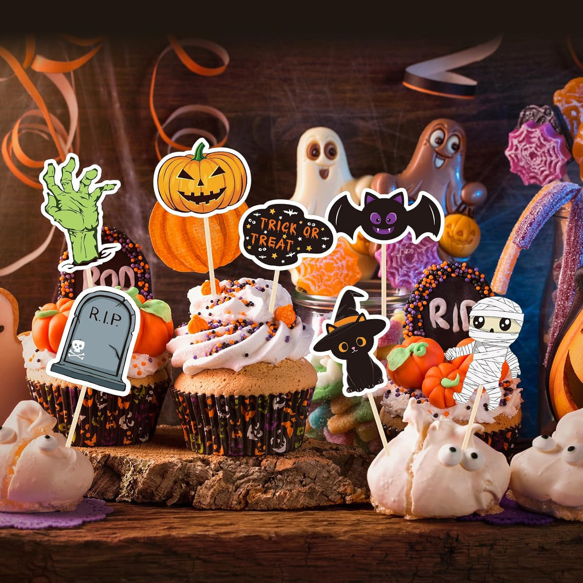 NACHLYNN 70pcs Halloween Cupcake Toppers Spooky Haunted House Night Party Fruit Cake Decoration