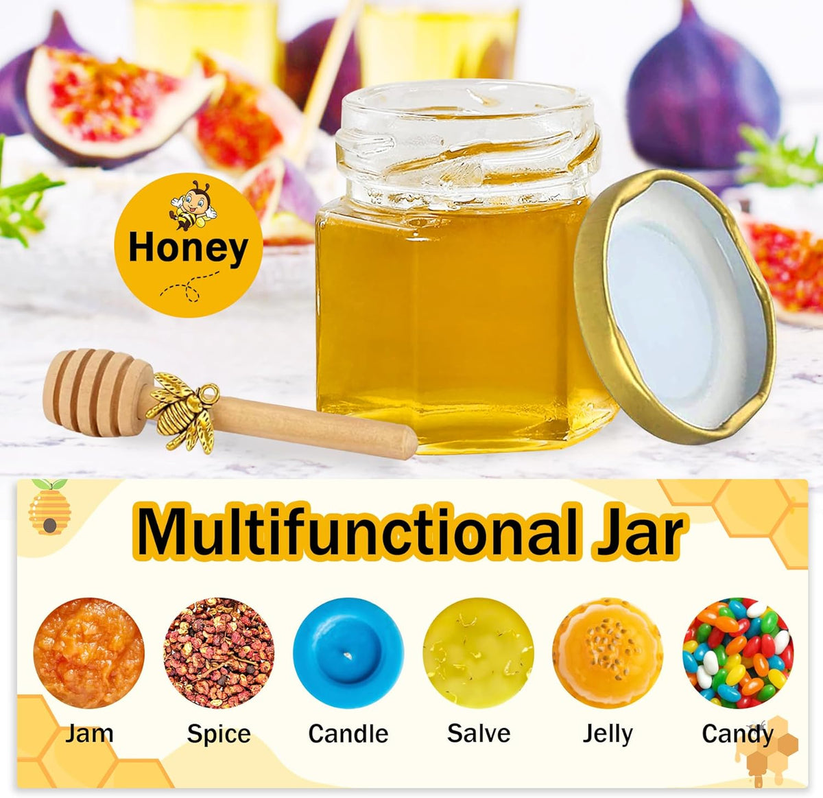 Aliggbent 48 Pack Mini Honey Jars Party Favors in Bulk, 1.5 oz Small Hexagon Glass Honey Jars with