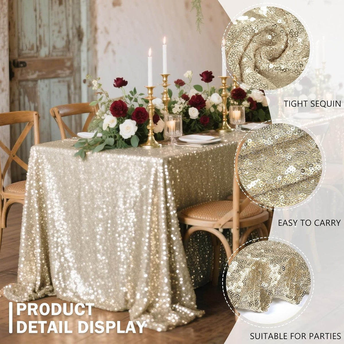 OQSQ Champagne Rectangle Sequin Tablecloth - 60x102 inch, Glitter Drape Table Cloth, Sparkle