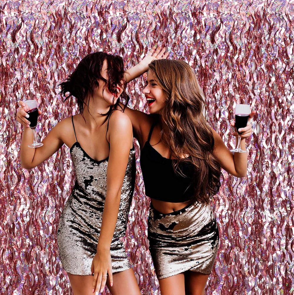 TONIFUL 3Pcs Wavy Metallic Tinsel Foil Fringe Curtains Rose Gold Streamer Backdrop for Photo Booth
