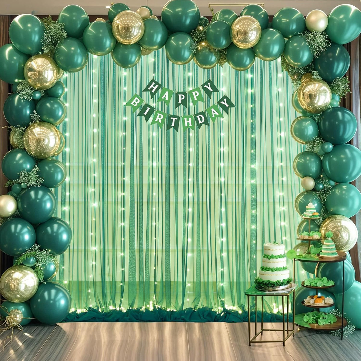 Hunter Green Tulle Backdrop Curtains with Lights String for Parites 10x8ft Sheer Backdrop Curtains