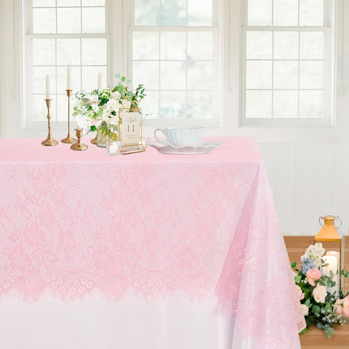 LuoluoHouse Pink Lace Tablecloth Table Fabric 6pcs 60x120 Inch for Vintage Boho Wedding Baby Shower