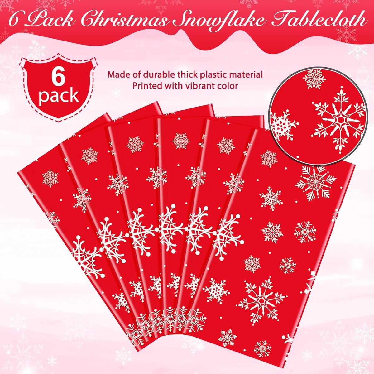Jectivs 6 Pieces Christmas Snowflake Plastic Party Tablecloth Decorations,White Snowflake Red Xmas