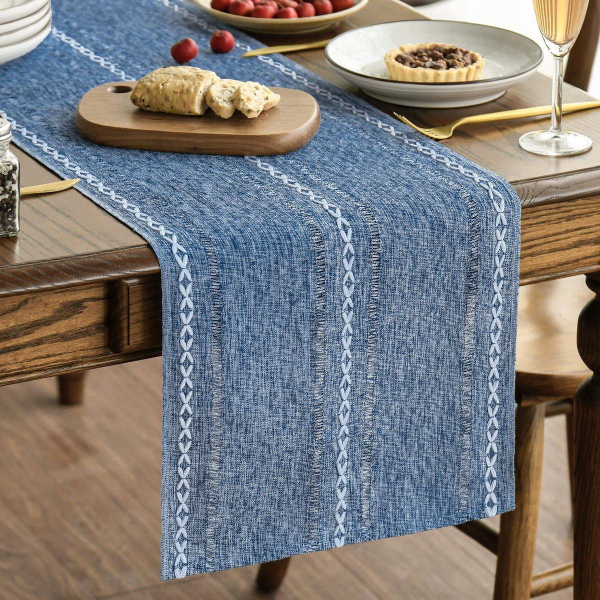 Artoid Mode Blue Rustic Cotton Linen Table Runner, Seasonal Embroidered Hollow Kitchen Dining Table
