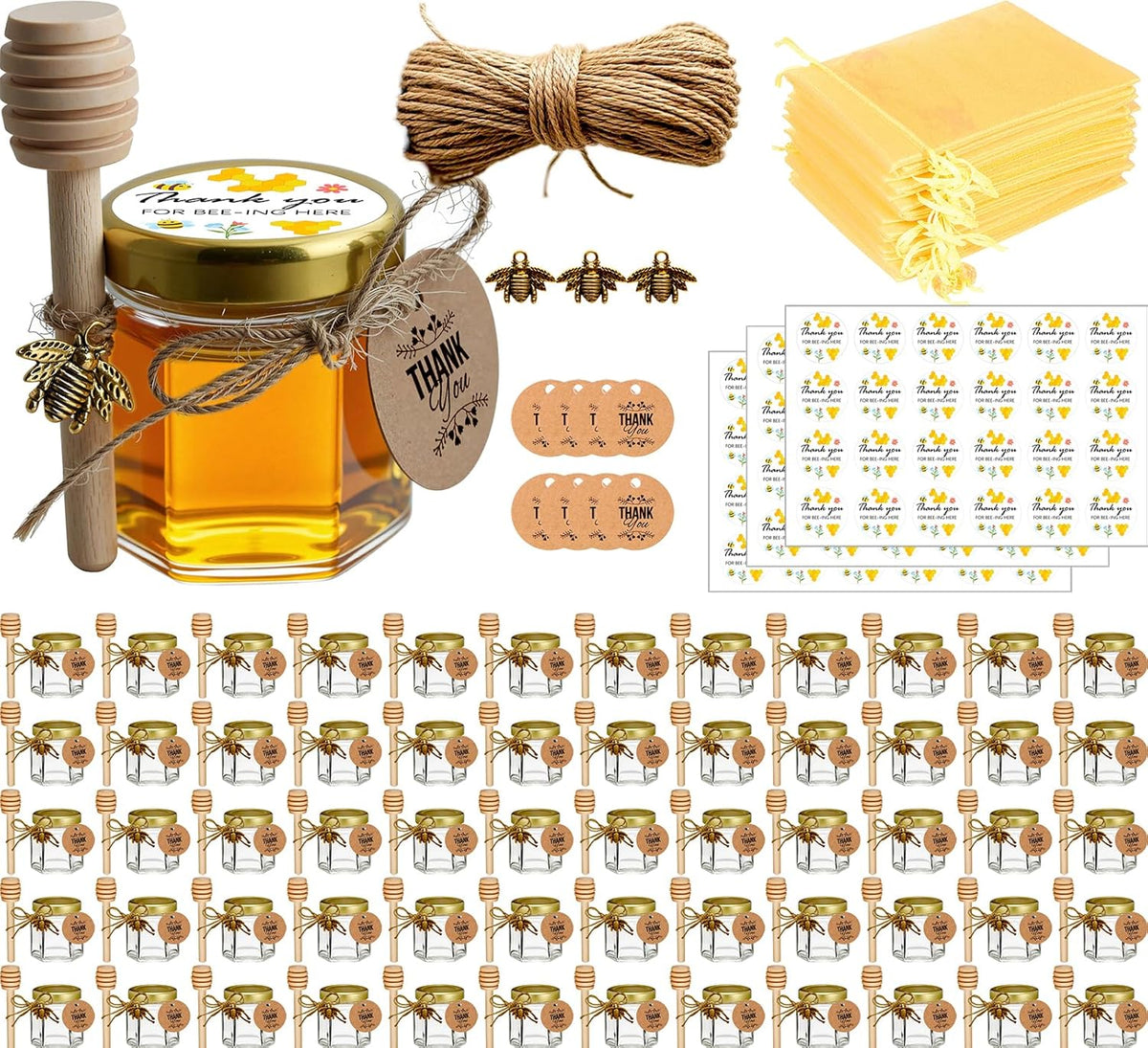 Adabocute 60 Pack Mini Honey Jars with Dipper - Honey Pot with Gold Lid, Bee Pendants, Jutes, Gift